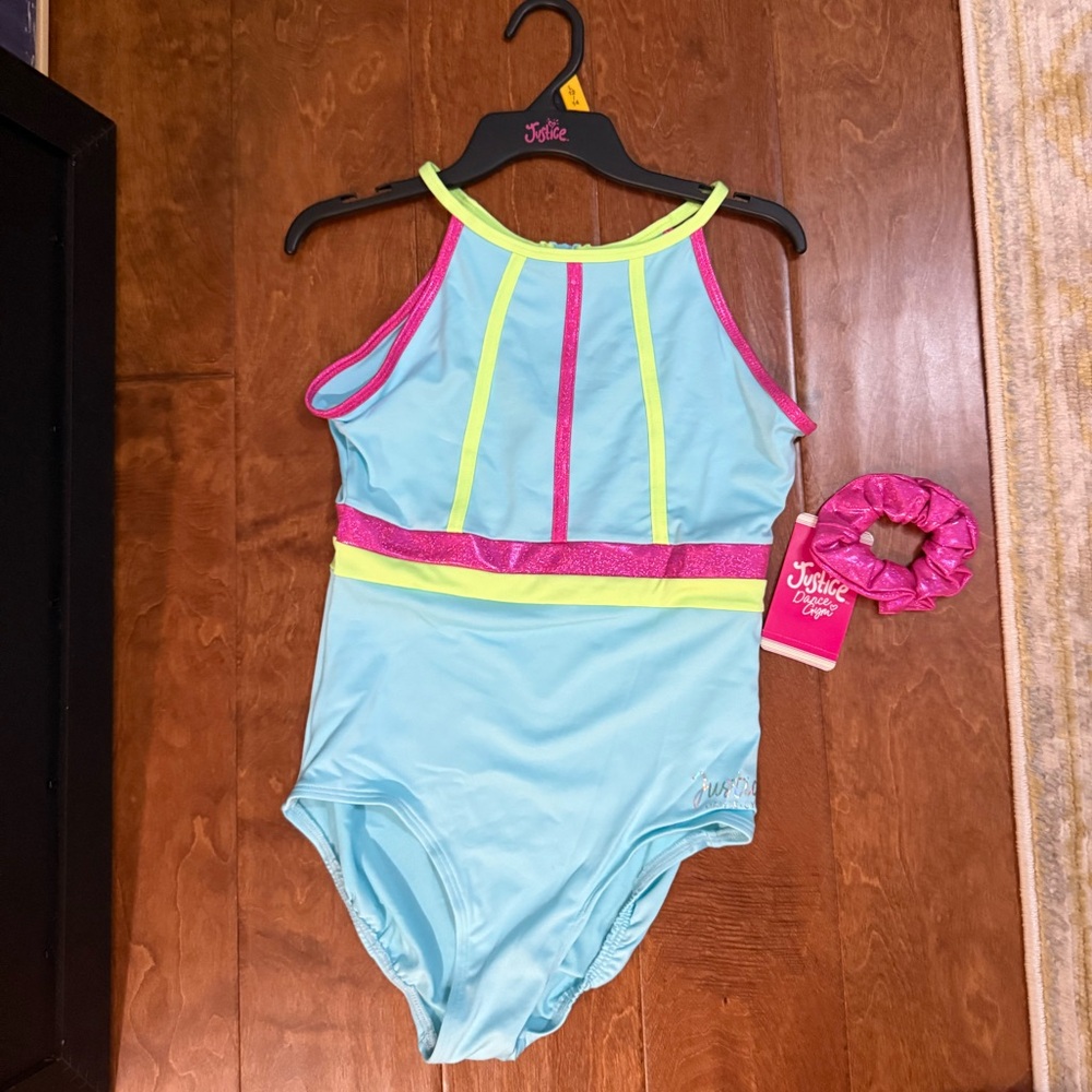 NWT size Medium (10) High Neck Leotard in Blue with Pink and Green detail